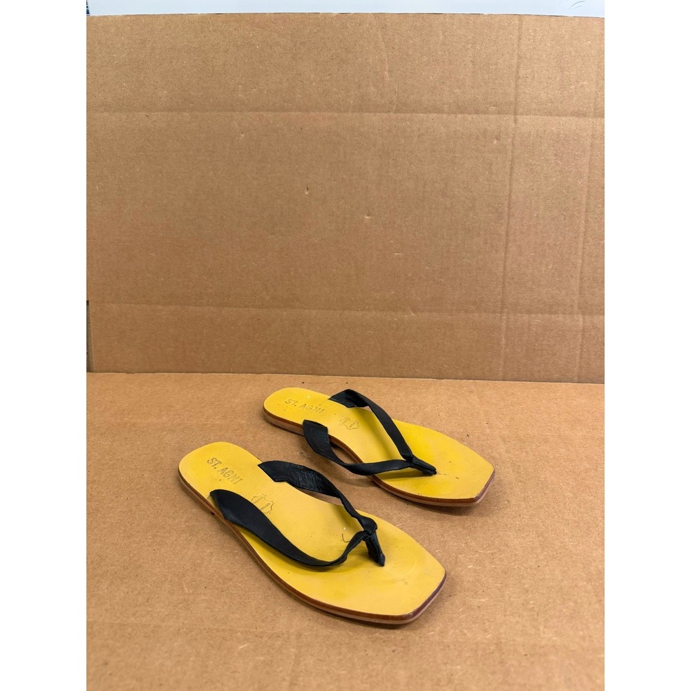 St. Agni Square Toe Leather Flat Thong Sandals Black Beige Womens Size 37 EU
